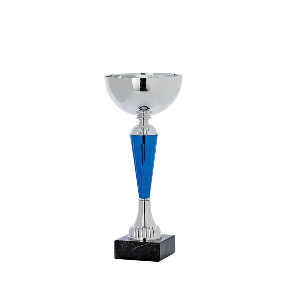 Silver Trophy Cup with Blue Middle on Black Base