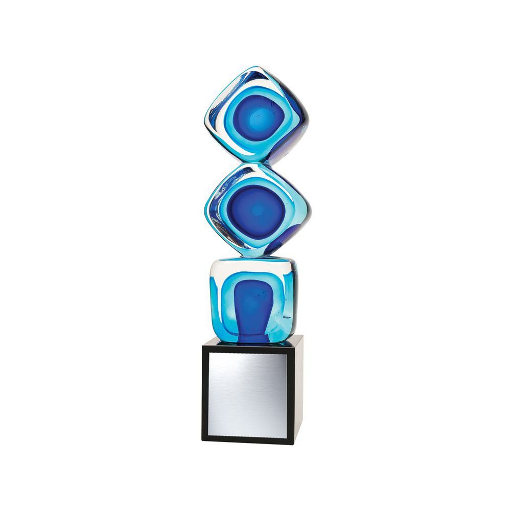 Alt: "11-inch Blue Tri Cube Art Glass Award"