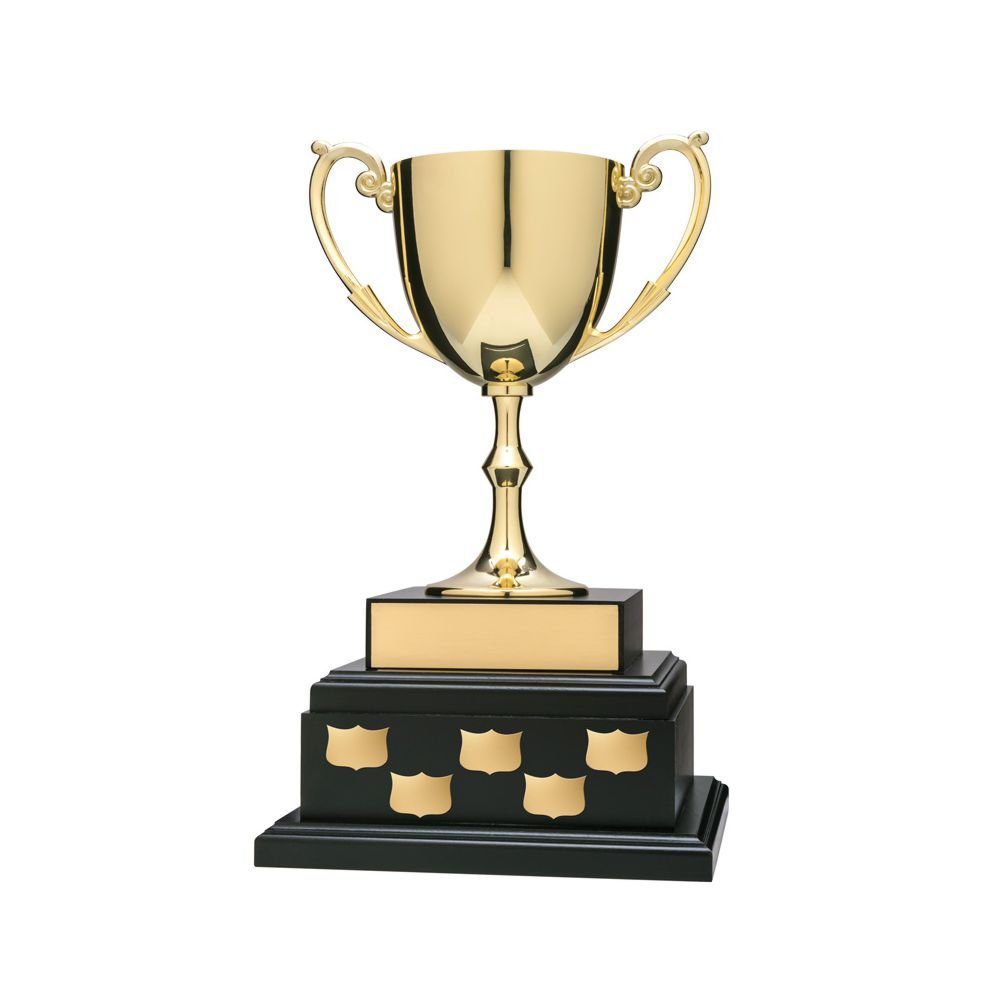 Elegant nickel plated golden annual cup with decorative handles, showcasing a smooth finish and standing on a 2-tier black wood base with nameplate placeholders