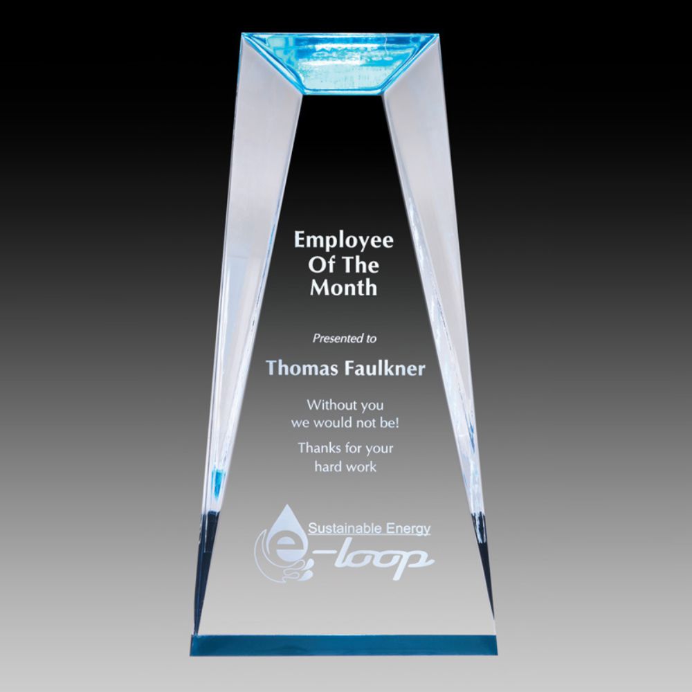 Personalized and Custom Acrylic Award 8" Tapered with Blue Color Bottom Design