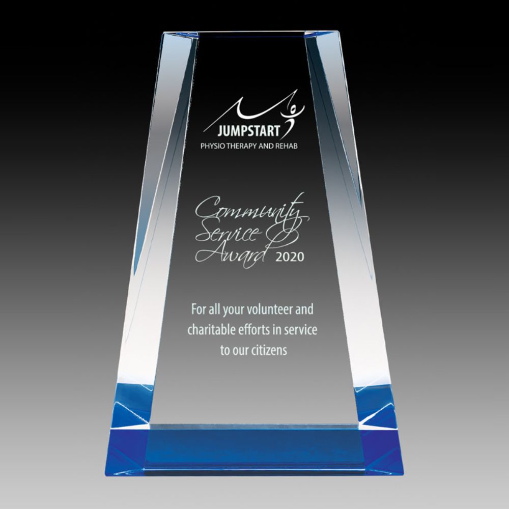 Personalized and Custom 6.5" Crystal Award with Tower Blue Bottom Design